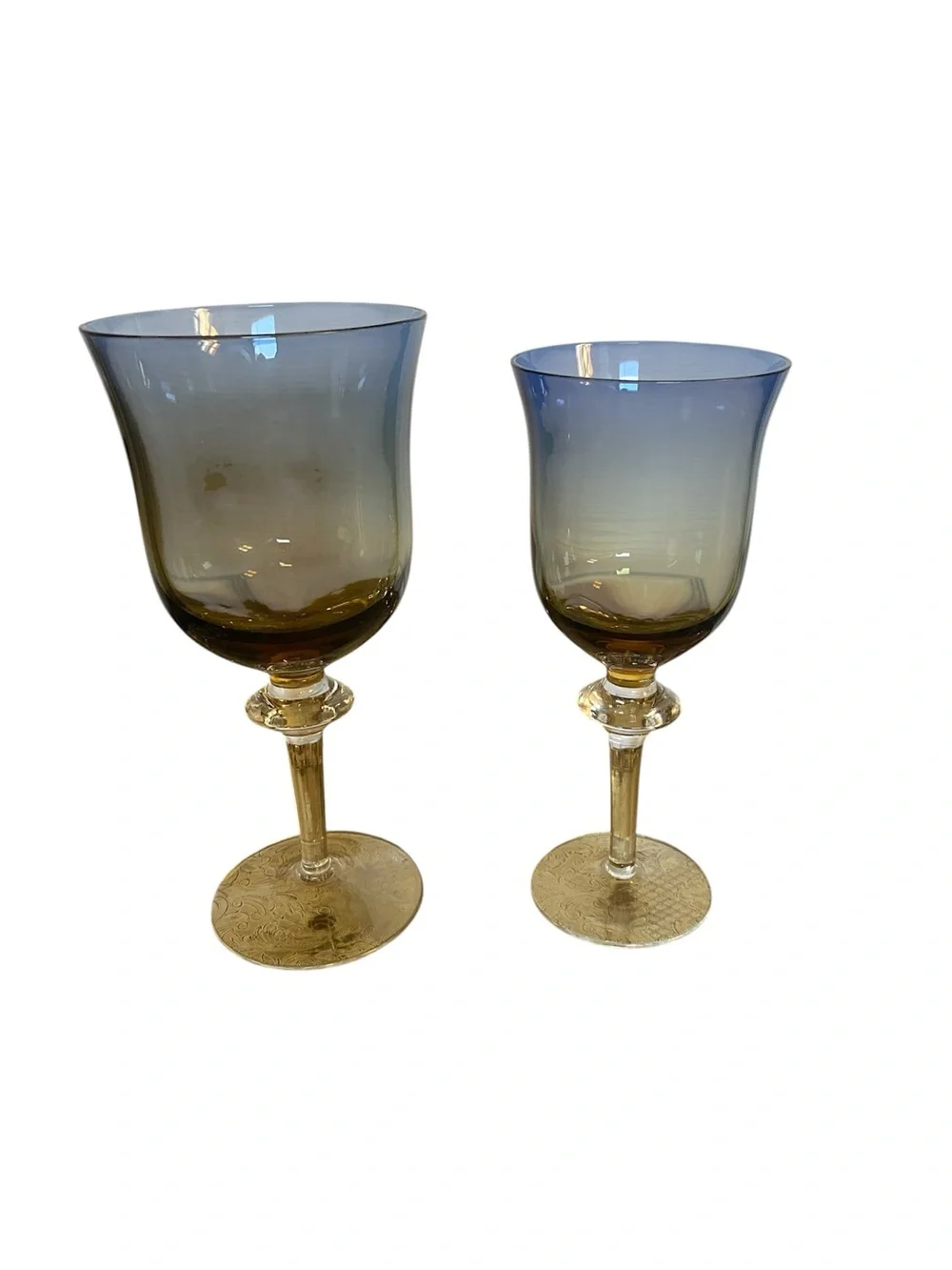 Rare Pair Vtg Ombre Blue & Amber Stemmed water Wine Glasses Handblown Sweden